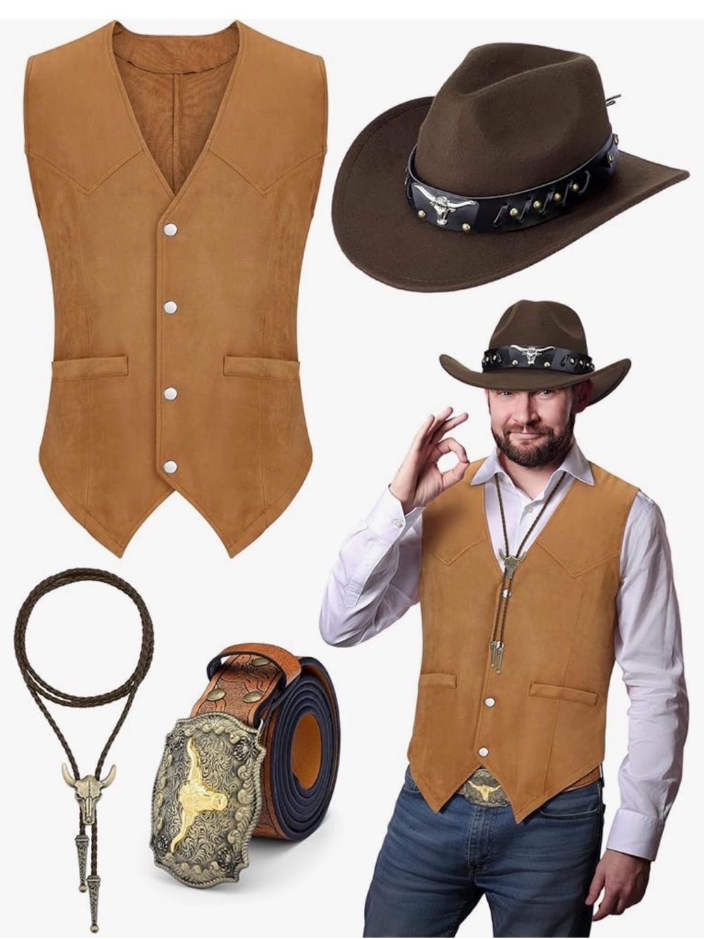 Amazon Essentials Brown Western Cowboy Hat with Tan Suede Vest